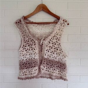 Crochet Lace Vest in Cream and Brown
